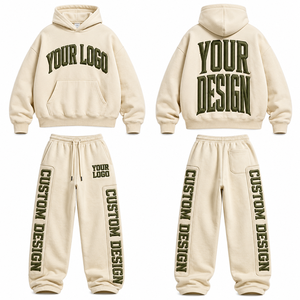 Ensemble de survêtement baggy deux pièces avec logo brodé personnalisé, pantalon de jogging à jambe large avec revers, en molleton brossé, fournisseur en gros - Product Image 3