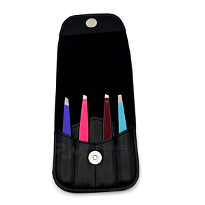 Pinzas para cejas RMI Silver Tip con diferentes colores de recubrimiento en polvo, con estuche magnético de cuero y juego de pinzas. - Product Image 2