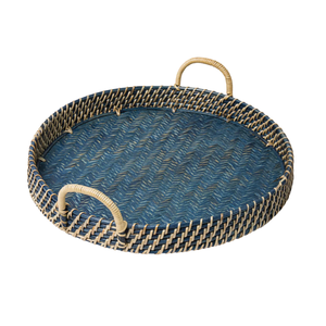 Hot Selling Round Rattan Serving Tray Blue Circular Design Eco Friendly Rattan Material Display <b>Basket</b> Wholesale - Product Image 2