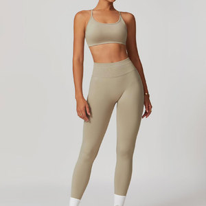 <b>Seamless</b> Yoga Set 2 Piece High Waist Crop Top & <b>Leggings</b> Solid Color Crisscross Back Sport Wear for Women - Product Image 6