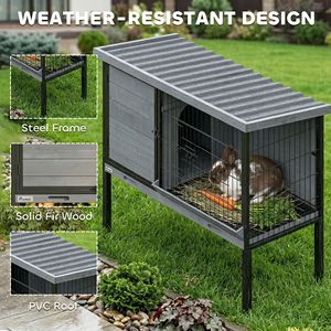 Casetta per Conigli da Esterno Rialzata in Legno con Vassoio Estraibile e Tetto Apribile in Plastica - Gabbia per Animali Domestici - Product Image 4