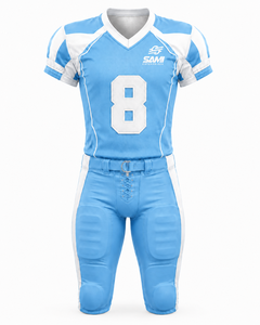 American Football Uniform Set Light Blue <b>White</b> <b>V</b>-<b>Neck</b> Short Sleeve 100% Polyester Moisture Wicking Fitted Adult Custom Team Name - Product Image 1