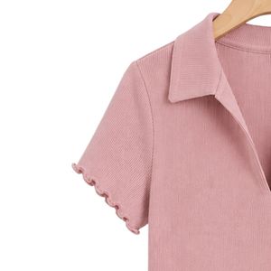 เสื้อโปโลครอปผู้หญิงสีชมพูอ่อน ผ้าริบถัก แขนสั้น ทรงเข้ารูป สไตล์ลำลอง คอวี ผ้าฝ้ายผสมสแปนเด็กซ์ ยืดได้ แฟชั่นฤดูร้อน - Product Image 3