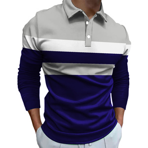 Polo de Manga Larga para Hombre, Diseño a Bloques de Color, Rayas, Corte Regular, Azul, Gris, Blanco, Tejido, 2027 - Product Image 1