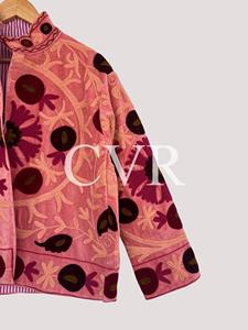 Manteau en velours brodé à la main à motifs floraux pour femme, vêtement d'extérieur décontracté d'automne, col mandarin, manches longues, grande taille - Product Image 4