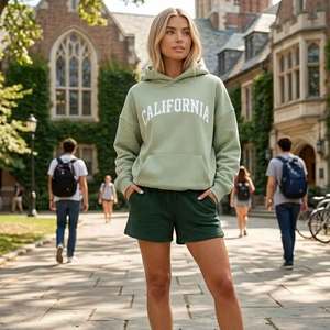 Women Hoodie Shorts Set Casual Two Piece Lounge Outfit Green California Print Fleece Sweatshirt With Pocket And Shorts - Product Image 1