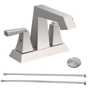 Rubinetto per lavabo bagno a 2 maniglie in nichel spazzolato, rubinetto da 4 pollici con attacco centrale e scarico a 3 fori per lavabo - Product Image 1