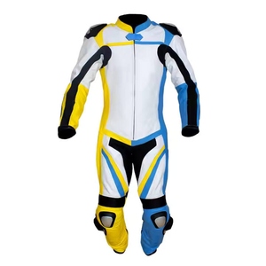 Combinaison de moto en cuir intégral pour homme, blanche, bleue, jaune, avec blocs de couleur, imperméable, toutes saisons, vêtements de motard - Product Image 1