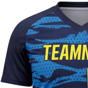 เสื้อกีฬาซับลิเมชั่นแบบกำหนดเองสำหรับผู้ชาย สีน้ำเงินลายพราง คอวี เสื้อทีม ระบายอากาศ แห้งเร็ว ชุดกีฬา - Product Image 4