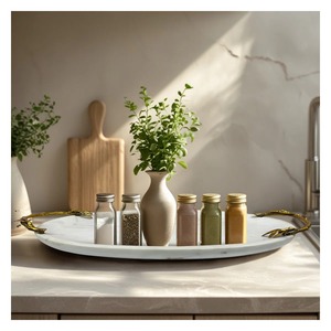 Plateau de service ovale en marbre blanc avec poignée design, plateau décoratif de luxe pour la maison, la cuisine, l'hôtel, la salle à manger et le service des invités - Product Image 5