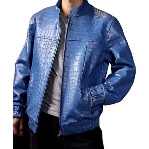 Blouson Bomber Homme en Cuir PU Gaufré Crocodile Bleu, Col Montant, Fermeture Éclair, Style Décontracté Automne - Product Image 1