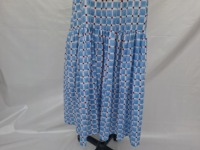 Gaun Midi Wanita Motif Garis Biru Putih Merah Kasual Bahan Katun Tenun Model A-Line Pinggang Elastis Alami Berlipit Ujung Lurus Lengan Lonceng