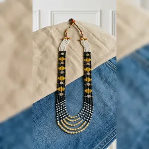 5 Layer Black Imitation <b>Pearl</b> Necklace <b>Set</b> Gold Plated Floral Ethnic Wedding Fashion Jewelry for Women - Product Image 4