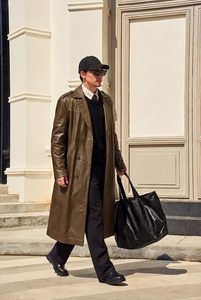 <b>Men</b> Genuine Leather <b>Long</b> Trench <b>Coat</b> Double Breasted Notched Lapel Overcoat With Pockets Regular Fit - Product Image 3