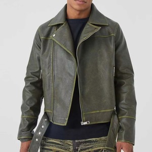 Men's Olive Green Cowhide Leather Moto Jacket Turn down Collar Zipper Closure Regular Fit Autumn Wear Genuine Soft Napa Leather - Product Image 1