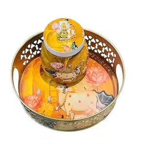 Pot en métal finition vintage Pichwai avec plateau, ensemble de pots de rangement décoratifs pour la décoration de mariage - Product Image 3