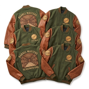 Chaqueta Letterman al por mayor, abrigo universitario de lana verde oliva con bordado Barrel Masters y mangas de cuero coñac, ropa de abrigo. - Product Image 1