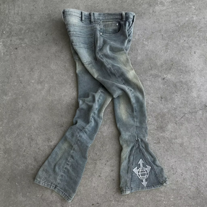 Vaqueros de mezclilla acampanados para hombre, estilo streetwear, personalizados, vintage, ajustados, con cremallera y bajo abierto - Product Image 2