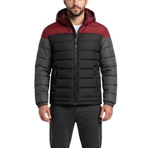 Chaqueta Acolchada Color Block Rojo Oscuro y Gris, 100% Poliéster, con Capucha, Acolchado de Plumón, Aislante, Cortavientos, para Invierno - Product Image 1
