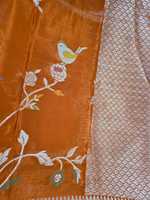 Saree Brokat Bulu Imitasi Mewah |   Pakaian Tradisional India Etnis Vintage dengan Sulaman Zari Banarasi yang Indah untuk Pesta Pernikahan