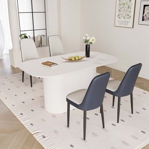 Tavolo da Pranzo in Stile Moderno Medievale da 160 cm in MDF Color Crema con Set di 4 Sedie da Pranzo in PU, Piano in Metallo Nero e Gambe in Metallo - Product Image 2