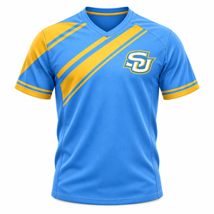 Camiseta Deportiva Personalizada de la Universidad del Sur (SU) de Fútbol Americano, Estilo HBCU, Azul y Dorado, Cuello en V, Sublimación, Venta al Por Mayor - Product Image 1