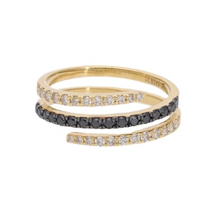 14K Yellow Gold Rhodium Plated Black White Natural Diamond Brilliant Cut <b>Wrap</b>-Around Spiral Ring Classic Elegant Modern Design - Product Image 1