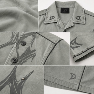 Camisa Dirty Mint Gothic Thorn Y2K para hombre, oversize, de corte holgado, manga corta, con detalles de pedrería, estilo streetwear, abotonada, grunge, casual, al por mayor - Product Image 6