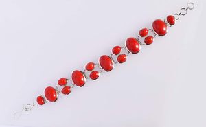 Women's 925 Sterling Silver Coral <b>Bracelet</b> Bezel Set Oval <b>Red</b> Coral Stones Classic Chain Link Design Everyday Wear Fine Jewelry - Product Image 2