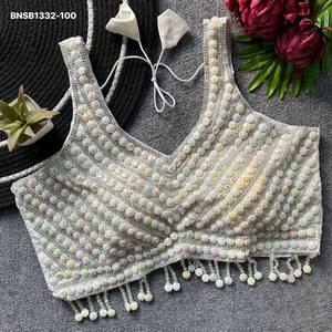 Fashionable Beautiful Silk with Moti-<b>Beads</b> Crystal-Handwork Sleeveless Padded Back-Hook Blouse Collection Wholesale Supply - Product Image 6