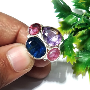 Bague Statement en Argent Sterling 925 avec Cyanite Bleue Naturelle, Améthyste, Rubis Rose, Grenat et Multiples Pierres Précieuses, Style Bohème, Sertissage Clos - Product Image 5