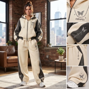 Women's <b>Cream</b> <b>Black</b> Tracksuit Set Oversized Zip Up Hoodie Wide Leg Pants Butterfly Graphic Casual Streetwear - Product Image 4