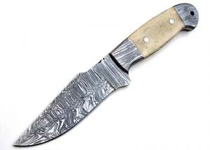 Cuchillo utilitario de hoja fija de acero de Damasco hecho a mano con mango de hueso, herramienta de corte para exteriores con funda de cuero - Product Image 5