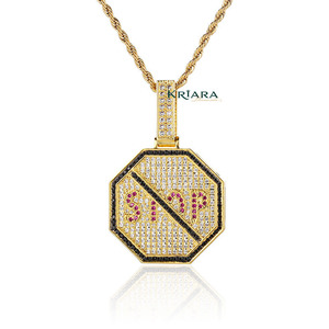Stop <b>Sign</b> Pendant 925 Silver Rhodium Plated Moissanite Inlay Hiphop Unisex Everyday Wear - Product Image 2