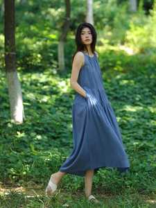 Women Sleeveless Cotton Midi Dress Loose Fit Tiered A Line Casual Summer Dress Blue Minimalist Style - Product Image 6