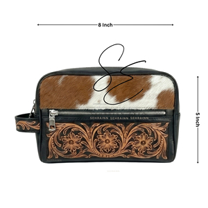 New Black <b>Tooled</b> Leather Cosmetic <b>Bag</b> Wester Cowboy Hair-On Hide Travel <b>Kit</b> Vintage Style Makeup Pouch Organizer Unisex Dopp <b>Kit</b> - Product Image 3