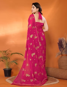 Sari Tradicional KV de Rayón Rosa con Bordado Georgette y Blusa sin Coser para Fiestas y Eventos - Product Image 2