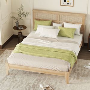 Letto in legno massiccio Queen Size con testiera in Rattan migliorata dai piedi di supporto in rovere bianco - Product Image 6