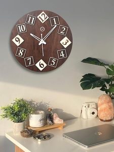 Round Wooden Wall Clock Retro <b>Square</b> Number Dial Silent Quartz Hanging Clock for Living Room Home Decor - Product Image 5