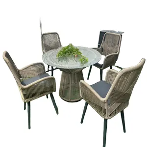 5件户外庭院家具餐具藤制花园桌和6把椅子，带可拆卸靠垫，耐候，...