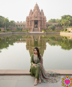 Ensemble Kurti en coton slub fantaisie avec broderie découpée et collée, avec dupatta, tenue de fête, vêtement ethnique, vert - Product Image 2