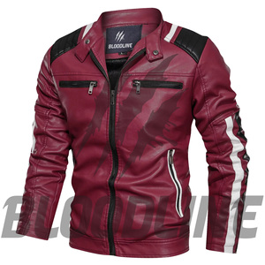 Men's Black PU Leather Moto Jacket With Red Accents Turn-<b>down</b> Collar Zipper Closure Slim Fit Autumn Wear - Product Image 5