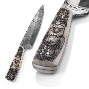 Cuchillo de Caza de Hoja Fija de Acero de Damasco Personalizado - Grado Industrial, 19cm de Longitud Total - Mango de Hueso de Camello con Grabado Láser - Eagle's - Product Image 6