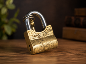 Solid Brass Antique Style <b>Padlock</b> with Intricate Floral Pattern Heavy Duty Metal Lock and Key Set for Home Office Gate Cabinet - Product Image 2