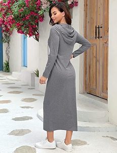 MISSKY Vestido maxi casual con capucha y cremallera de un cuarto, manga 3/4, ajustado, con abertura, para mujer - Product Image 3