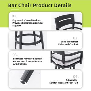 Sedie da Bar Girevoli Moderne da Esterno in 2 Pezzi, Telaio in Alluminio Nero Ember, Rotazione a 360°, Schienale Ergonomico e Braccioli - per Arredamento da Patio - Product Image 5