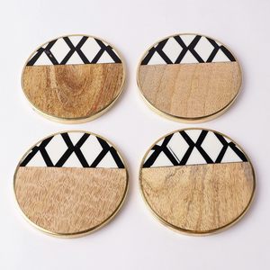Wooden Crisscross <b>Coaster</b> Set of 4 with <b>Gold</b> Rim Round Tea Coffee Drink <b>Coasters</b> for Home Table Decor - Product Image 4