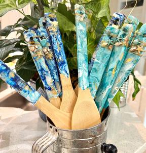 Blue Marbled Resin Wooden <b>Spatulas</b> with Starfish Ocean Theme Handmade Kitchenware Utensils <b>Set</b> - Product Image 1