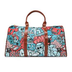 Sac de voyage en toile imprimée avec fermeture éclair, grande capacité, sac de week-end, bretelles contrastées marron - Product Image 1