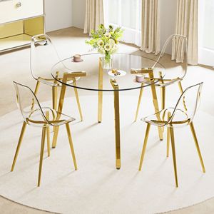 Modern Minimalist <b>Dining</b> <b>Table</b> with Circular Transparent Tempered Glass <b>Top</b> and Golden Metal Legs Suitable Kit - Product Image 3
